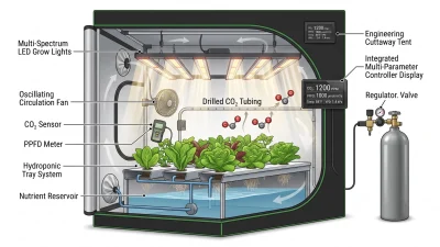 Illustration of a sealed hydroponic grow tent using high PPFD LED lighting, CO₂ enrichment at 1200 PPM, environmental controller, sensors, and optimized airflow for maximum plant growth.