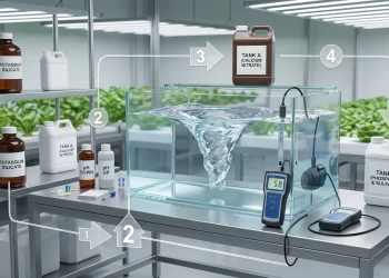 Professional hydroponic nutrient mixing station showing potassium silicate, Tank A calcium nitrate, Tank B nutrients, a digital pH meter, and a crystal-clear reservoir illustrating the correct mixing order to prevent nutrient precipitation.