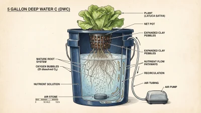 DIY hydroponic systems | Cross-section diagram of plant roots suspended in aerated nutrient solution