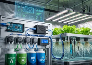 Custom automated hydroponic dosing system using Arduino, Raspberry Pi, sensors, and peristaltic pumps.