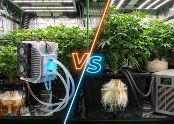 Comparison between a DIY thermoelectric Peltier hydroponic chiller and a compressor water chiller cooling a deep water culture hydroponic reservoir.