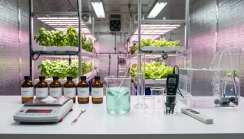 Professional hydroponic nutrient mixing workstation with raw fertilizer salts, precision digital scale, measuring cylinders, EC meter, pH meter, and nutrient reservoir for DIY hydroponic nutrient formulation.