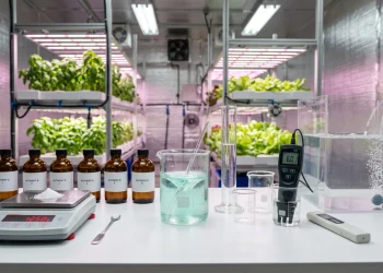 Professional hydroponic nutrient mixing workstation with raw fertilizer salts, precision digital scale, measuring cylinders, EC meter, pH meter, and nutrient reservoir for DIY hydroponic nutrient formulation.