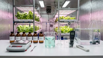Professional hydroponic nutrient mixing workstation with raw fertilizer salts, precision digital scale, measuring cylinders, EC meter, pH meter, and nutrient reservoir for DIY hydroponic nutrient formulation.
