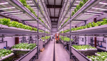 DIY hydroponic system | A sprawling indoor vertical farming setup featuring deep water culture and nutrient film technique channels under bright LED grow lights.