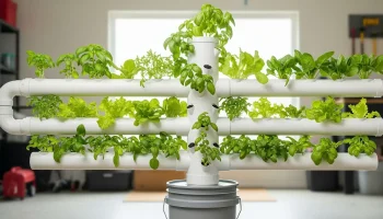 A completed DIY vertical hydroponic tower built from PVC pipe, with healthy lettuce and basil growing from net cups.