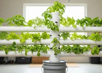 A completed DIY vertical hydroponic tower built from PVC pipe, with healthy lettuce and basil growing from net cups.