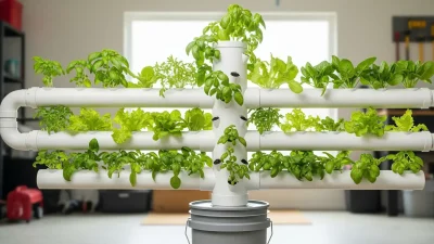 A completed DIY vertical hydroponic tower built from PVC pipe, with healthy lettuce and basil growing from net cups.