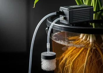 air pump on a black bucket lid, connected to tubing and a bubbling air stone, with thick white roots visible in the nutrient-rich water