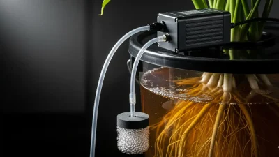 air pump on a black bucket lid, connected to tubing and a bubbling air stone, with thick white roots visible in the nutrient-rich water