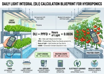 Illustration showing Daily Light Integral (DLI) calculation for hydroponic crops with LED grow lights, PPFD, photoperiod, and leafy greens versus fruiting plants.