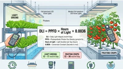 Illustration showing Daily Light Integral (DLI) calculation for hydroponic crops with LED grow lights, PPFD, photoperiod, and leafy greens versus fruiting plants.