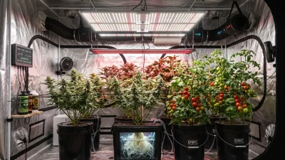 Modern indoor hydroponic grow room illuminated by full-spectrum LED grow lights and a dedicated 730 nm far-red LED bar, showing healthy flowering plants, white roots, and programmable lighting for precise photoperiod control.