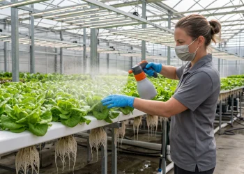 Grower applying a fine foliar nutrient mist to healthy hydroponic lettuce under LED grow lights, illustrating rapid leaf nutrient absorption and correction of nutrient deficiencies.