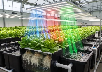 Modern hydroponic grow room with full-spectrum white LED grow lights illuminating dense leafy plants, showing how green light penetrates deep into the canopy to support photosynthesis in lower leaves.