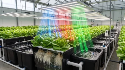Modern hydroponic grow room with full-spectrum white LED grow lights illuminating dense leafy plants, showing how green light penetrates deep into the canopy to support photosynthesis in lower leaves.