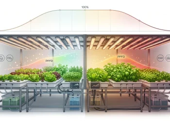 Grow light dimming curves showing sunrise and sunset simulation inside a modern hydroponic grow tent