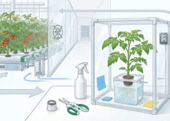 Scientific illustration showing a healthy hydroponic tomato clone inside an isolated quarantine grow tent before entering the main hydroponic system.