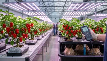 Carolina Reaper peppers growing in a hydroponic Dutch bucket system with digital EC meter monitoring nutrient solution