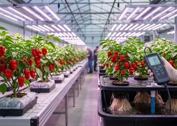 Carolina Reaper peppers growing in a hydroponic Dutch bucket system with digital EC meter monitoring nutrient solution