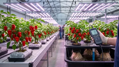 Carolina Reaper peppers growing in a hydroponic Dutch bucket system with digital EC meter monitoring nutrient solution
