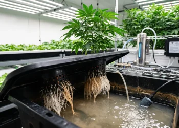 Contaminated hydroponic reservoir with cloudy nutrient solution, biofilm, and affected roots