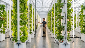 Commercial vertical hydroponic towers using inter-canopy LED lighting bars between dense plant columns for uniform light distribution.