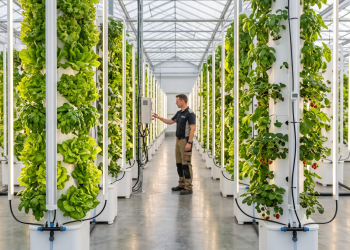 Commercial vertical hydroponic towers using inter-canopy LED lighting bars between dense plant columns for uniform light distribution.