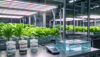 Hydroponic nutrient reservoir with iron chelate fertilizers DTPA EDDHA and EDTA beside healthy leafy green plants