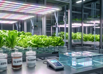 Hydroponic nutrient reservoir with iron chelate fertilizers DTPA EDDHA and EDTA beside healthy leafy green plants