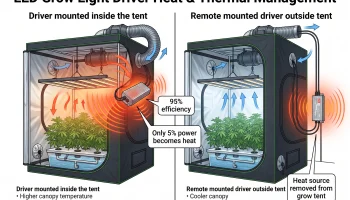 Premium infographic showing a Mean Well LED driver mounted on a hydroponic LED grow light with heat flow, grow tent temperature, and remote driver mounting comparison.