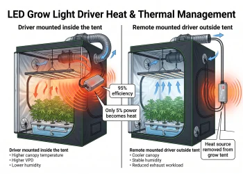 Premium infographic showing a Mean Well LED driver mounted on a hydroponic LED grow light with heat flow, grow tent temperature, and remote driver mounting comparison.