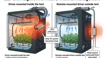 Premium infographic showing a Mean Well LED driver mounted on a hydroponic LED grow light with heat flow, grow tent temperature, and remote driver mounting comparison.