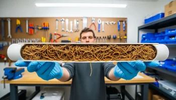 A cross-section of an NFT hydroponic channel revealing a tangled root mass, highlighting the challenge of cleaning these systems.