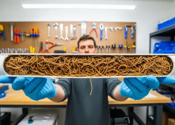 A cross-section of an NFT hydroponic channel revealing a tangled root mass, highlighting the challenge of cleaning these systems.