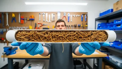 A cross-section of an NFT hydroponic channel revealing a tangled root mass, highlighting the challenge of cleaning these systems.