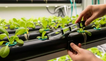A person using a bubble level to check the slope of an NFT hydroponic channel.