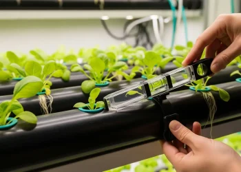 A person using a bubble level to check the slope of an NFT hydroponic channel.