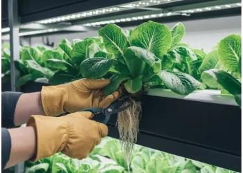 A grower trimming plant roots in an NFT hydroponic system to prevent clogs