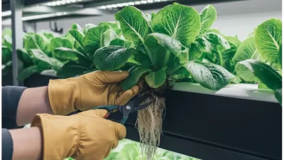 A grower trimming plant roots in an NFT hydroponic system to prevent clogs