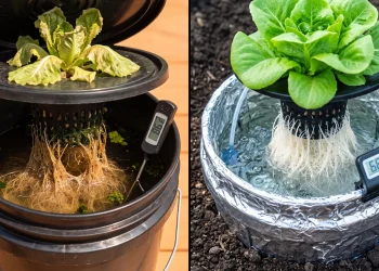 Split-screen comparison of an overheated hydroponic reservoir at 86°F and a passively cooled DWC reservoir maintained at 68°F using off-grid cooling methods.