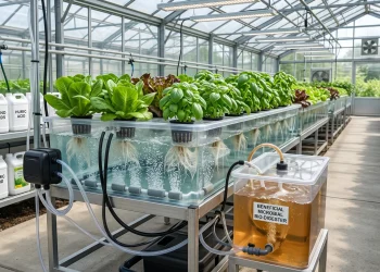 Professional organic hydroponic system featuring a bio-digester reservoir, healthy leafy greens, aeration, beneficial microbes, and plant-based nutrient inputs in a clean greenhouse environment.