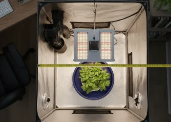 A clean, bird's-eye view looking directly down into an open 2x2 hydroponic grow tent, set up in a cozy home environment. The interior is organized with geometric precision: a central Deep Water Culture (DWC) bucket with plants, a square LED grow light hanging above it, and a black inline fan and carbon filter unit mounted neatly in the top-left corner. A yellow tape measure is stretched across the top opening, showing the exact dimensions. The scene is slightly cinematic with soft light emphasizing the orderly, space-efficient arrangement.