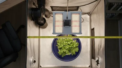 A clean, bird's-eye view looking directly down into an open 2x2 hydroponic grow tent, set up in a cozy home environment. The interior is organized with geometric precision: a central Deep Water Culture (DWC) bucket with plants, a square LED grow light hanging above it, and a black inline fan and carbon filter unit mounted neatly in the top-left corner. A yellow tape measure is stretched across the top opening, showing the exact dimensions. The scene is slightly cinematic with soft light emphasizing the orderly, space-efficient arrangement.