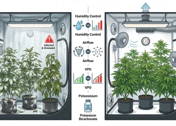 Healthy hydroponic grow tent compared with a grow tent affected by powdery mildew caused by excessive humidity.