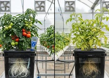 Split-screen comparison showing a hydroponic plant receiving full nutrients beside a flushed plant supplied with plain water, illustrating the scientific debate over pre-harvest flushing in hydroponics.