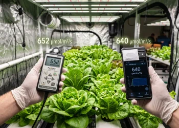 Quantum PAR meter compared with a smartphone light meter app measuring PPFD in an indoor hydroponic grow tent.