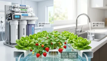 Reverse osmosis filtration system compared with municipal tap water for hydroponic growing, showing nutrient mixing, EC testing, and healthy plant growth.