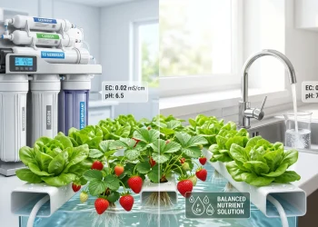 Reverse osmosis filtration system compared with municipal tap water for hydroponic growing, showing nutrient mixing, EC testing, and healthy plant growth.