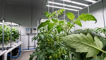 Spider mites and fine webbing on hydroponic plant leaves in an indoor grow room